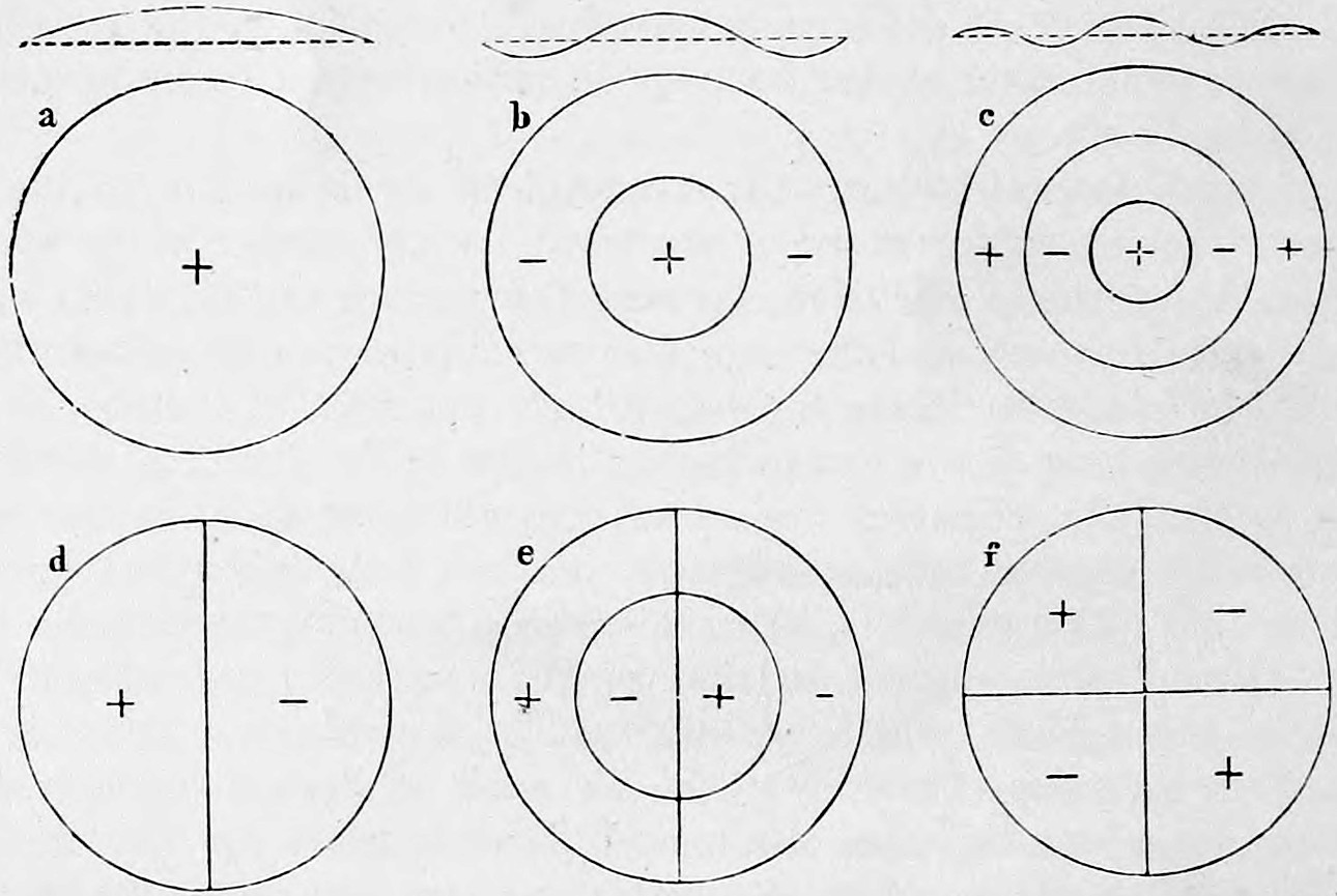Fig. 14. — Six circles, a to f, divided by concentric circles and diameters into parts marked + and −; above a, b and c, dashed lines with curves showing the profile of each form of vibration.