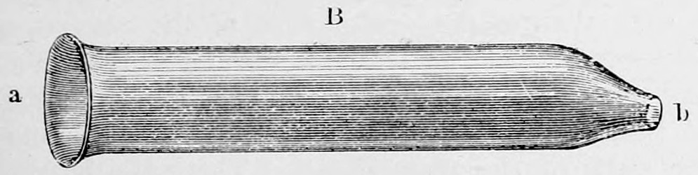 Fig. 16 b. — A cylindrical tube resonator B lying on its side, open with a flared rim at a on the left and tapering to a small funnel-shaped opening b on the right for the ear.