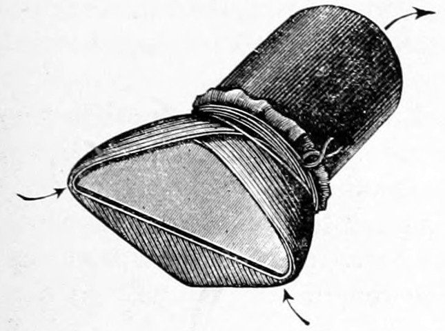 Fig. 30. — A membranous reed: the end of a tube cut obliquely on both sides, with strips of india rubber stretched over the two oblique edges and tied with thread, leaving a slit between them; arrows show the wind's direction.