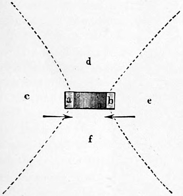 Fig. 55. — A tuning-fork seen from above, its two prong ends a and b as a small block with arrows showing them moving towards each other; four dotted curves mark the places of silence between the regions of strong sound c, d, e, f.
