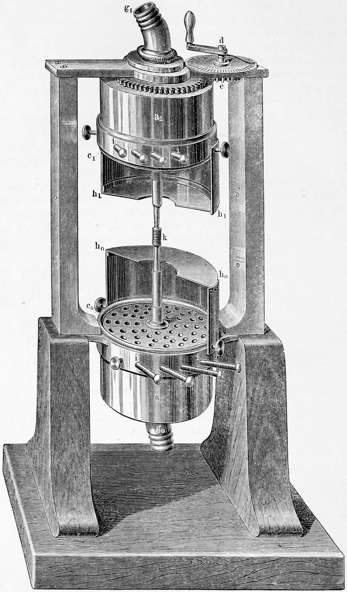 Fig. 56. — The double siren in perspective: two drum-shaped windchests, the upper a1 and lower a0, on one vertical axis in a wooden frame, with discs c1 and c0, studs i, wind pipes g1 and g0, the screw k, and the handle d turning the upper box by toothed wheel e.