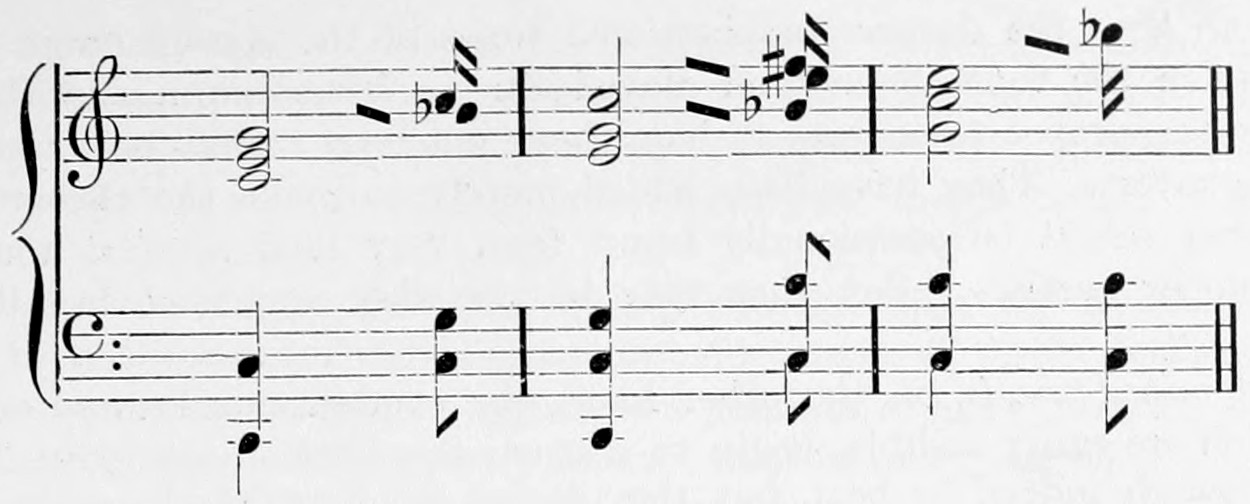 The first three positions of the C major triad on treble and bass staves, three bars: each chord in minims with its combinational tones as crotchets, quavers and semiquavers, some marked by a downward sloping line as slightly flat.