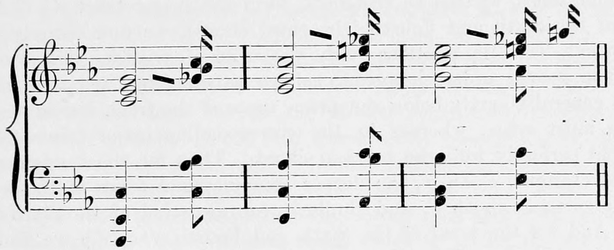 The minor triads with their combinational tones, three bars on treble and bass staves in three flats: each chord in minims with its combinational tones as crotchets, quavers and semiquavers, some marked by a sloping line as slightly deeper.