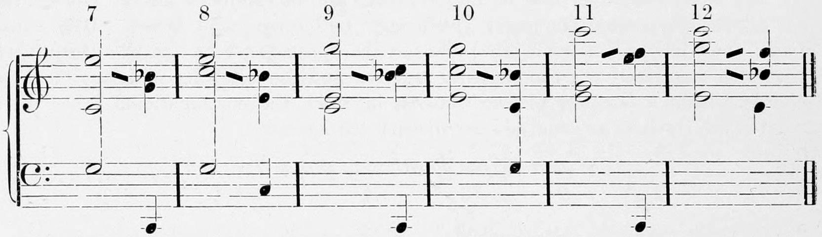 Treble and bass staves, six numbered positions of the major triad, Nos. 7 to 12, in minims, each with its combinational tones as crotchets, several marked by a downward sloping line as slightly flattened.