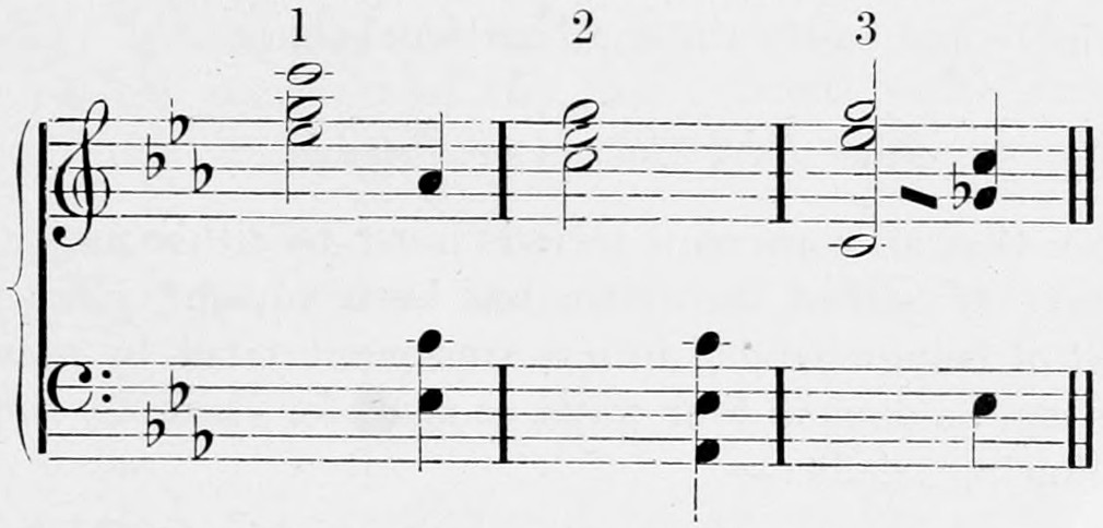 Treble and bass staves in three flats, three numbered positions of the minor triad in minims, each with its combinational tones as crotchets, one marked by a sloping line as slightly deeper.