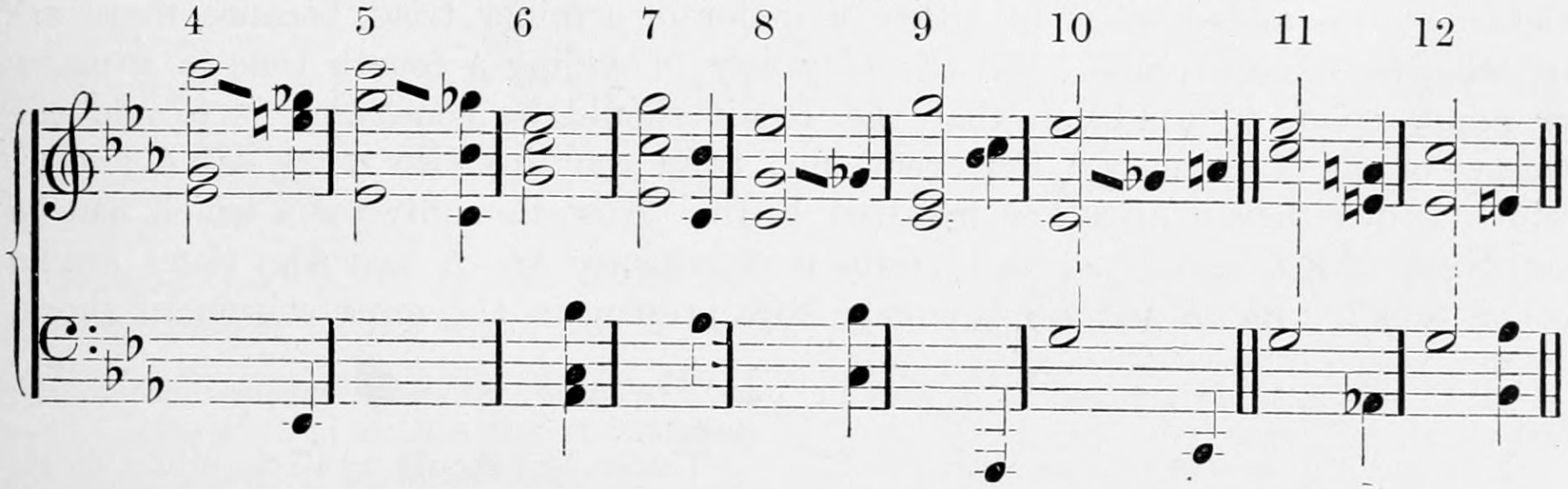 Treble and bass staves in three flats, nine numbered positions of the minor triad, Nos. 4 to 12, in minims, with their combinational tones as crotchets, several with sloping lines marking tones slightly sharpened or flattened.