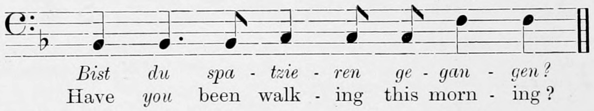 Bass clef, one flat, common time; the same level pitch whose last two notes rise a Fifth, set to "Bist du spazieren gegangen?" / "Have you been walking this morning?": the spoken interrogative ending.