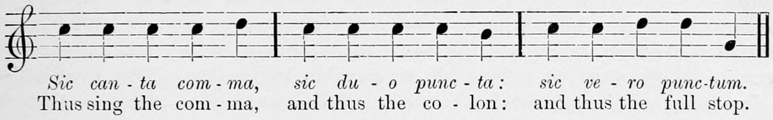 Treble clef; three bars of reciting notes on one pitch, each bar closing on a different cadence, set to "Sic canta comma, sic duo puncta: sic vero punctum" / "Thus sing the comma, and thus the colon: and thus the full stop": the Münster lesson formulae.