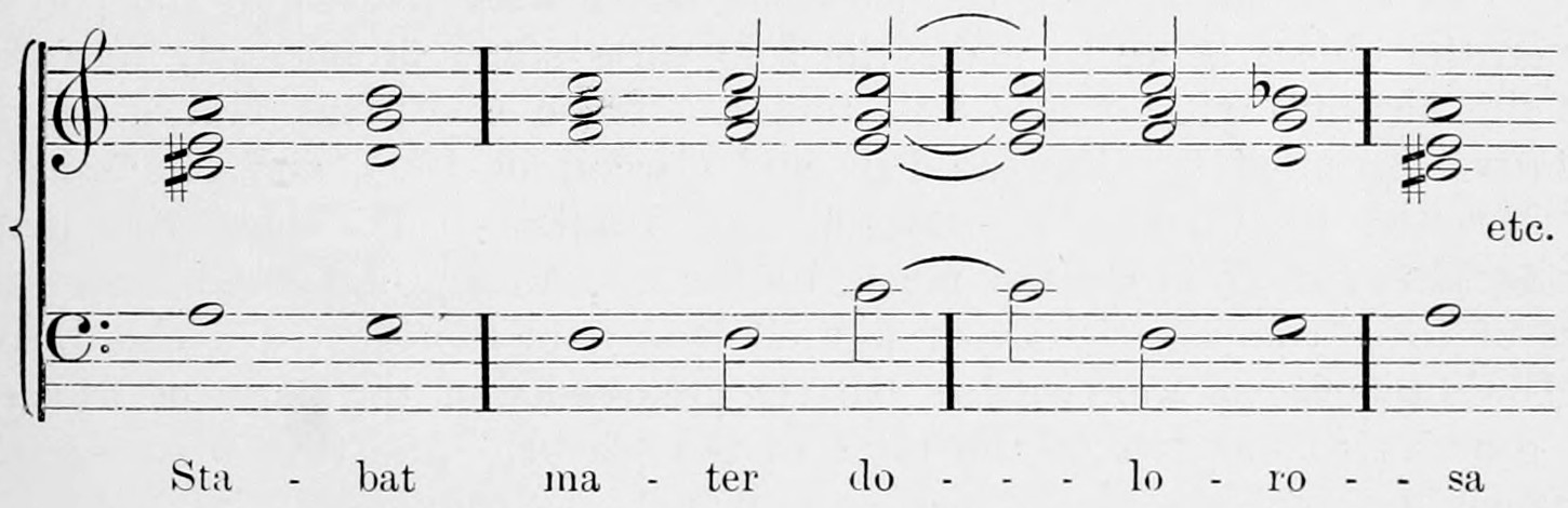 Two staves braced, treble and bass clefs; chords over some four bars of the opening of Palestrina's eight-part Stabat mater, set to "Stabat mater dolorosa", the first chord with sharps, a flat later, ending "etc.": chords in the most varied keys, from A major to F major.