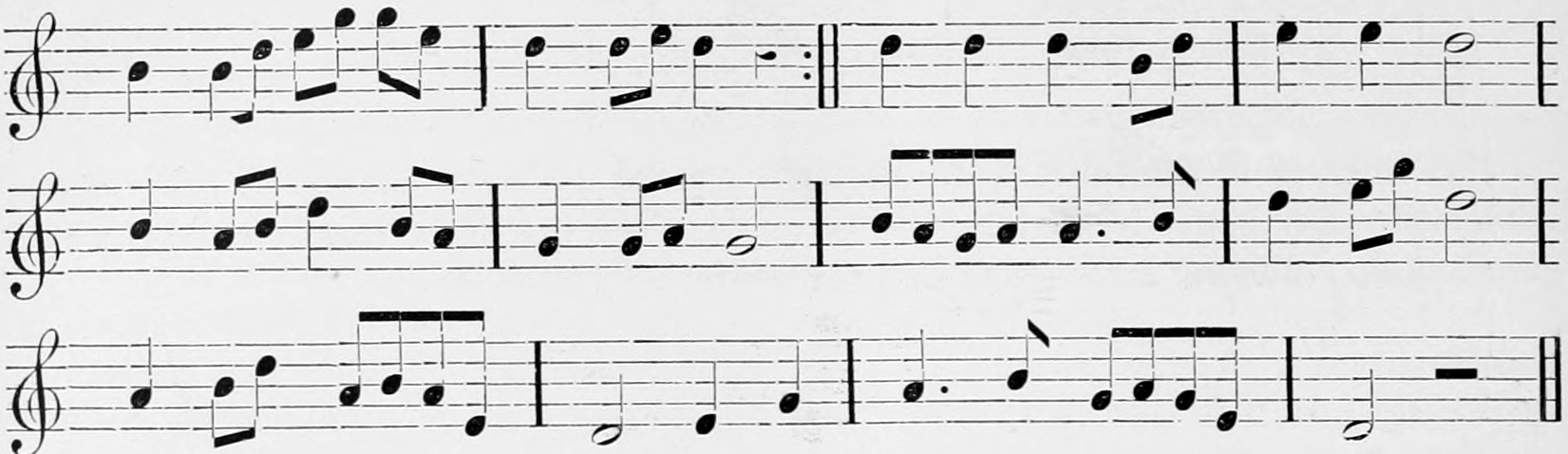 Chinese melody after John Barrow, in the treble clef, on three staves of twelve bars with a repeat after the second bar, written in the first scale of five tones, without Third or Seventh.
