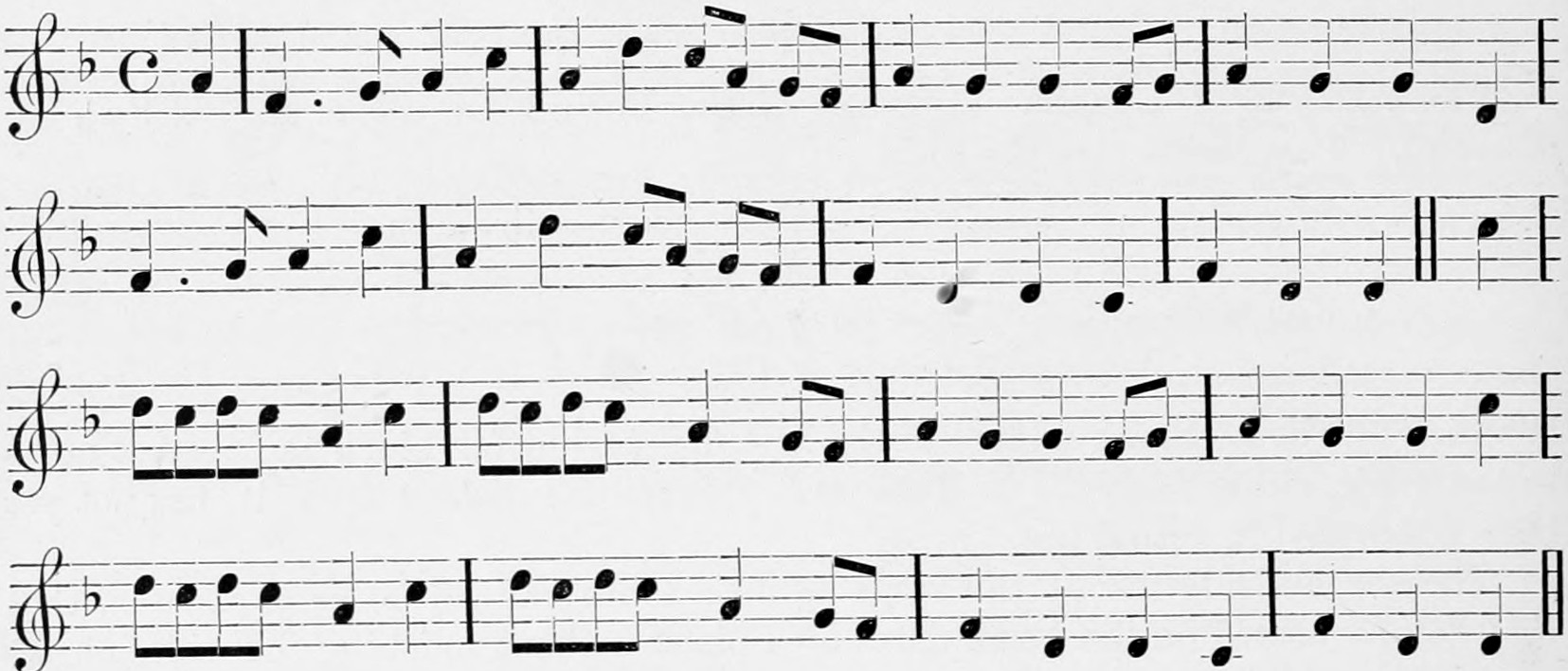 An older form of the Scotch air Cockle Shells, in the treble clef with one flat and common time, on four staves of about sixteen bars; an air of minor character in the second scale, without Second or Sixth.