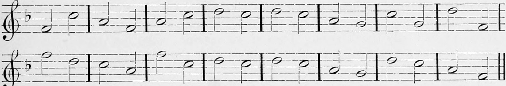 Chinese temple hymn after Bitschurin, in the treble clef with one flat, on two staves of minims; an example of the fourth scale of five tones, without Fourth or Seventh.