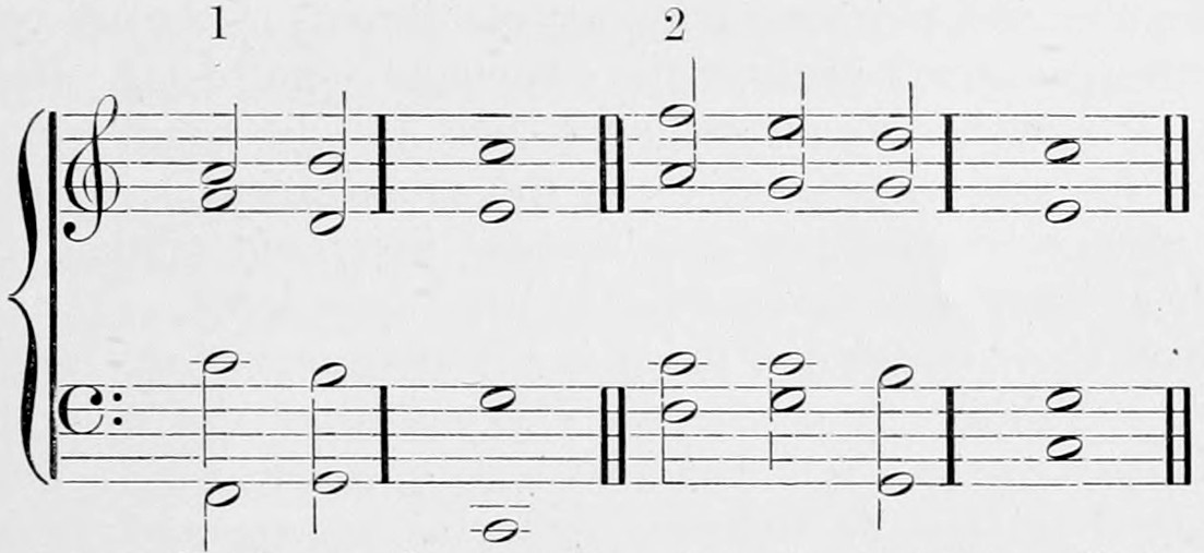 Two cadences numbered 1 and 2 on treble and bass staves, each ending on the tonic chord of C after a double bar; 1 has two chords before the close and 2 three, the subdominant chord preceding that of the dominant.