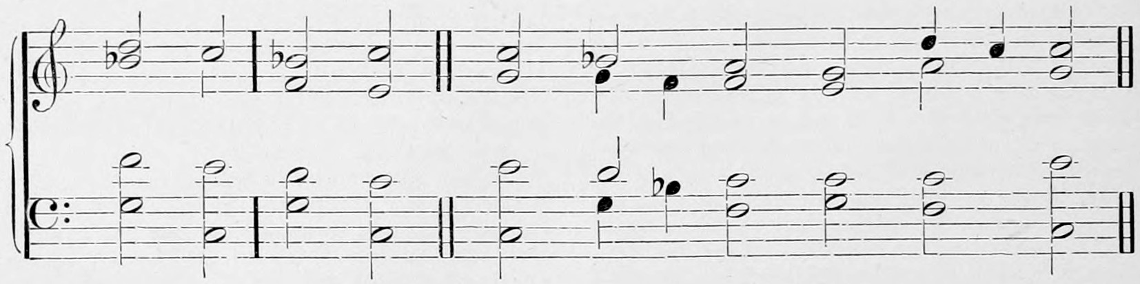 Treble and bass staves; example 1, two four-part chords, a dominant chord with b¹♭ passing to the tonic chord of C; example 2, the dominant chord of the Seventh with b¹♭ uppermost, then the tonic chord; example 3, a longer cadence ending on the tonic chord of C: attempted closes in the mode of the Fourth.