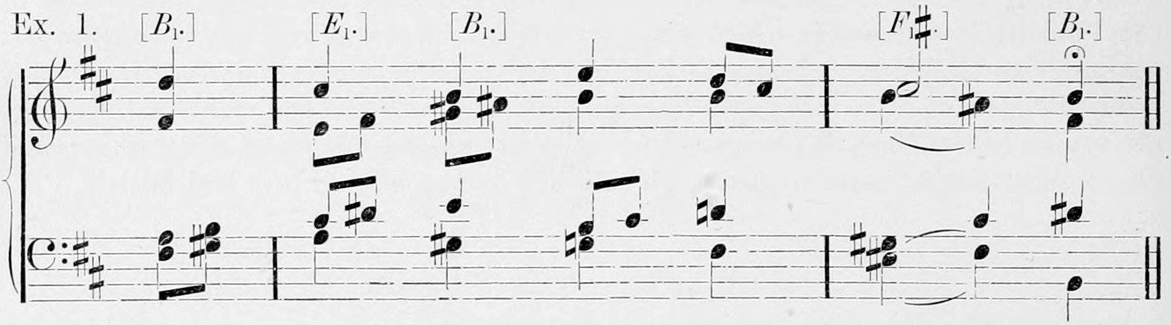 Ex. 1. — Ex. 1, the close of the chorale Was mein Gott will from the St. Matthew Passion: treble and bass staves with two sharps, three bars ending on a pause, with the duodenals (B₁.), (E₁.), (B₁.), (F₁♯.), (B₁.) written above the staff.
