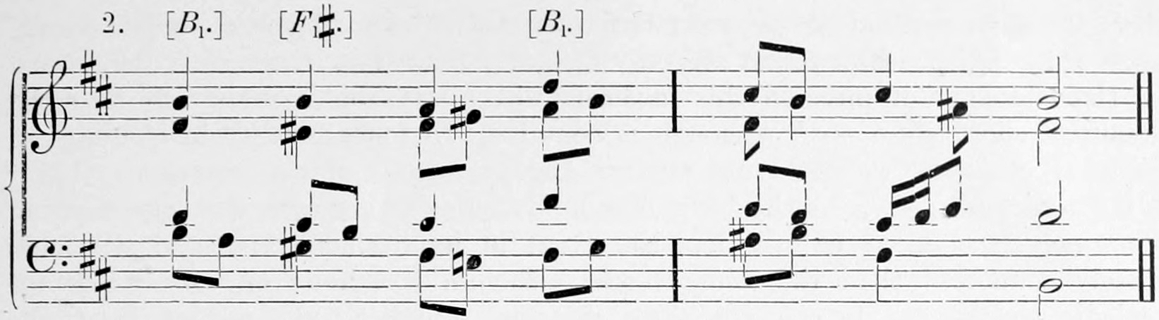 2. — Ex. 2, the close of the hymn Veni redemptor gentium from the cantata Schwingt freudig Euch empor: treble and bass staves with two sharps, two bars, with the duodenals (B₁.), (F₁♯.), (B₁.) written above.