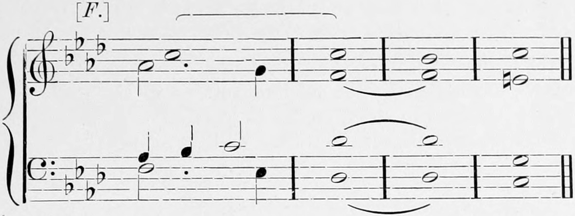The close of Handel's fugue And with his stripes we are healed from the Messiah: treble and bass staves with the signature of four flats, four bars, the duodenal (F.) above; the pure Doric cadence.