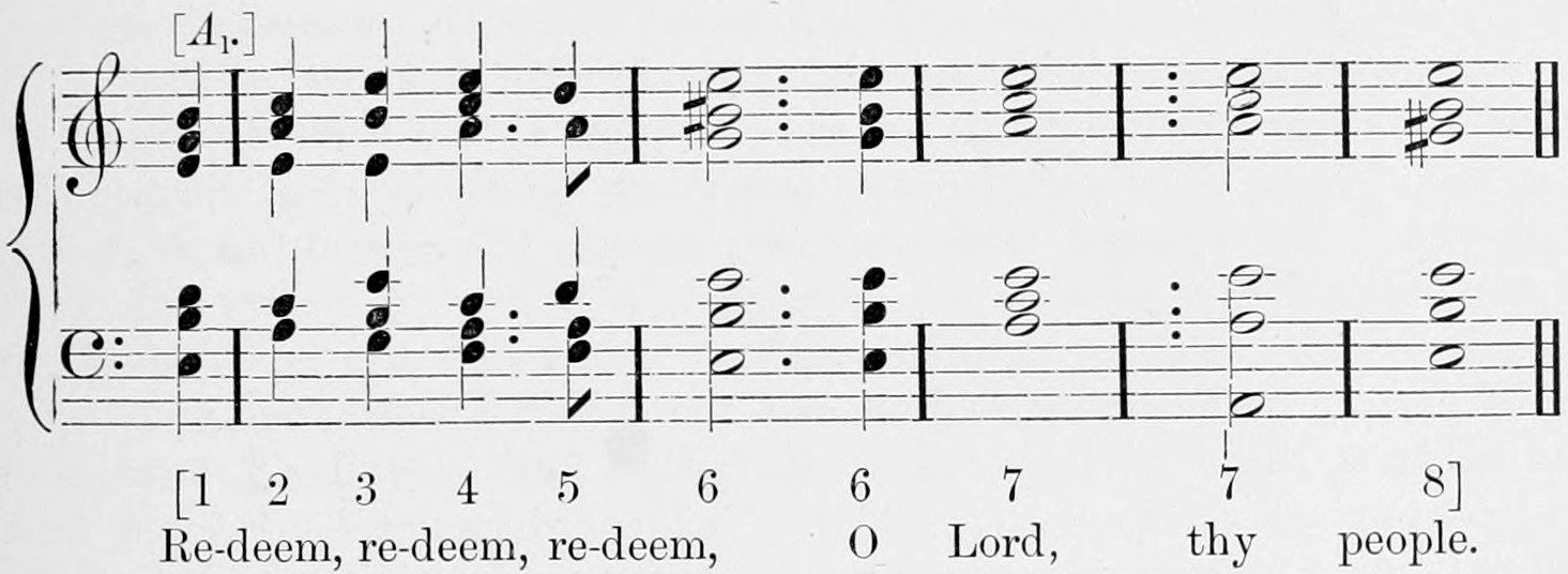 The close of the chorus Hear, Jacob's God from Samson: treble and bass staves, six bars, duodenal (A₁.) above, chords numbered (1 to 8) below, words Re-deem, re-deem, re-deem, O Lord, thy people; a purely Doric cadence.