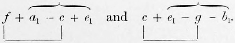 The tetrads f + a₁ − c + e₁ and c + e₁ − g − b₁, each with a brace above over its upper triad and a square bracket beneath its lower triad.