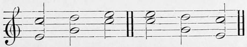Treble staff, two short passages of three two-part chords in minims, each closed by a double bar: the usual formulae in which the outer voices move in the same direction into the Fifth g ± d, that is, hidden Fifths.