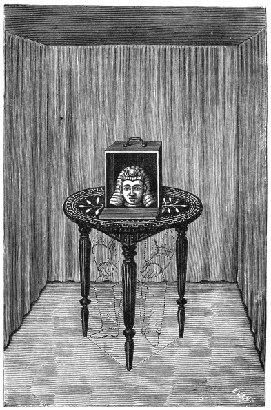 Frontispiece: the Sphinx. A head in Egyptian headdress looks out of an open-fronted box set on a bare three-legged table in a curtained recess; dotted lines beneath the table show the concealed person and the mirrors between the legs.