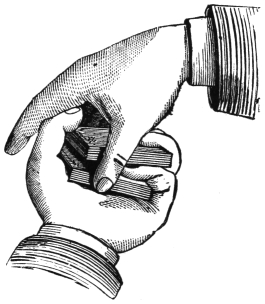 Fig. 2. — The right hand covers the pack from above, gripping the lower packet by its ends between second finger and thumb, while the left hand holds the upper packet from beneath.