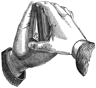 Fig. 4. — The second method: seen end on, the two halves of the pack are slid apart, one to the left and one to the right, until they just clear each other between the closely joined hands.