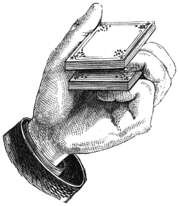 Fig. 5. — The third method: the left hand holds the lower half of the pack as in a forceps, the second and third fingers above it and the first and fourth below, with the upper half resting on top.
