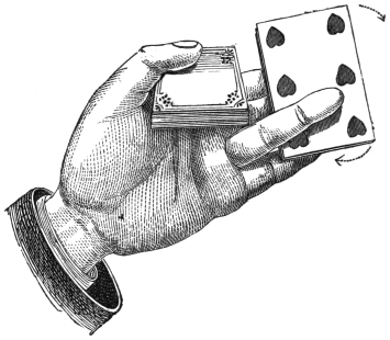 Fig. 7. — The fifth method: the extended left fingers swing the upper packet out in a semicircle, showing its bottom card, the six of hearts, while the thumb holds the lower packet; dotted arrows mark the sweep.
