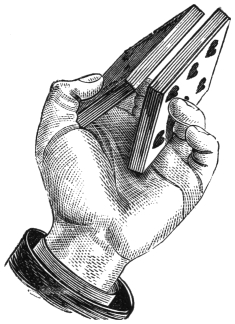 Fig. 8. — The upper packet, the six of hearts at its face, has been turned over endways about the third finger and is passing into the lower place beneath the other packet.
