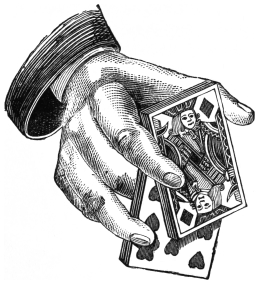 Fig. 9. — The sixth method: the pack stands on end in one hand, backs to the palm, the king of diamonds showing at the front; the front half is clipped at its top corners by thumb and first finger, the rest held by the other fingers behind.