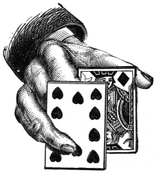 Fig. 10. — The fingers have carried the rear half of the pack round to the front, so that a six of hearts now lies across the face of the king of diamonds.