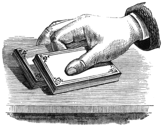 Fig. 11. — The seventh method: the right hand, first finger above, tilts up the edge of the heap on the table and slides the packet it holds underneath.