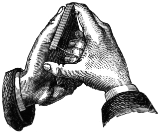Fig. 12. — The pack stands on its side in the left hand while the thumb and middle finger of the right hand lift out edgeways the cards from the middle of it.