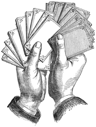 Fig. 13. — Two halves of the pack, one in each hand, have their edges worked in among each other, the right-hand packet shaded darker and projecting above the other.