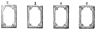 Fig. 14. — Four small heaps of cards in a row, numbered from left to right 3, 1, 4, 2, the order in which the parcels are dropped.