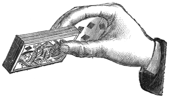 Fig. 15. — The right hand holds the pack by its upper end between fingers and thumb, slanting and faces towards the performer, with the palmed card curled out of sight inside the same hand.