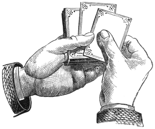 Fig. 18. — The right hand slides a card with its fingers and thumb onto the top of the pack in the left hand, whose thumb pushes the original top card forward.