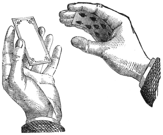 Fig. 19. — The left hand holds a card face downwards between first finger and thumb; the right hand, a card of diamonds palmed inside it, comes to take it again so that the palmed card lies over it.