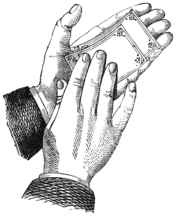 Fig. 20. — The two cards together are laid for an instant on the palm of the left hand, the right hand ready to draw off the top one.