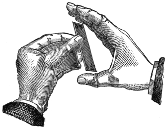 Fig. 21. — The left hand holds several cards between the second finger and thumb while the right hand comes to cover them lengthways and palm them.