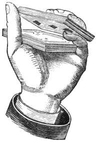 Fig. 22. — The pack lies in the palm of the left hand with the straightened fingers lifting the upper packet, so that the pack opens bookwise towards the performer at the little finger.