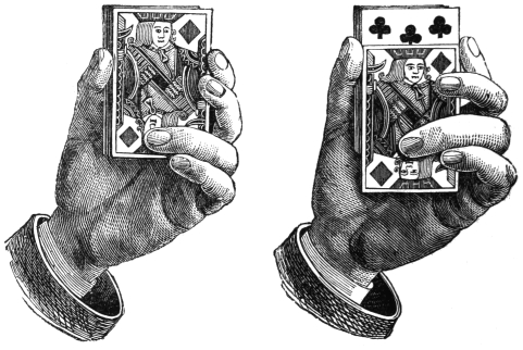 Fig. 24. Fig. 25. — On the left, the pack is held upright between first finger and thumb, the king of diamonds at the bottom and the third finger resting on it; on the right, that card has been drawn back about an inch, exposing the top of the club card behind it.