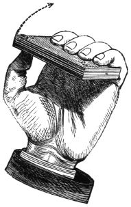 Fig. 26. — The pack lies flat in the left hand, clipped by the fingers, and the ball of the thumb underneath presses it upwards; a dotted arrow shows it turning over on its longer axis.