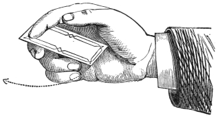 Fig. 27. — A single card is held lightly between the tips of the first and second fingers, the hand curved in towards the wrist; a dotted arrow shows the direction in which the card spins.
