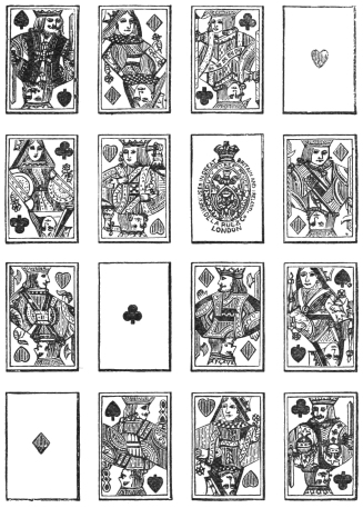 Fig. 32. — Sixteen cards, the aces and court cards, laid in a square of four rows so that no row or column holds two cards alike in suit or value; the four aces run along one diagonal, the ace of spades bearing the maker's ornate crest.