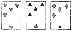 Fig. 36. — The three prepared cards: each shows four pips of an eight in its upper half, hearts, spades and diamonds, and a single pip of another suit at the opposite end.