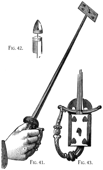 Fig. 41. Fig. 42. Fig. 43. — At left, the magic sword held in fencing position with a card transfixed on its point (Fig. 41). Above, the moveable tip drawn off the shortened blade on its elastic (Fig. 42). At right, the hilt from the side away from the palm, with the tin receptacle holding the pierced card (Fig. 43).
