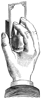 Fig. 45. — A hand holding the pack upright, the thumb along one side and the fingers along the other, while a single card rises out of the top, pushed up from behind by the fingers.