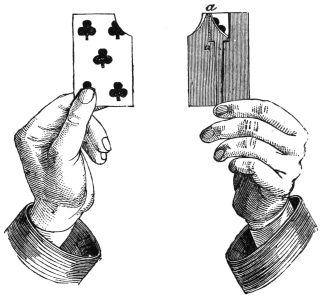 Fig. 53. Fig. 54. — At left, the restored card, a five of clubs with one corner missing, held by its lower corner between the thumb and first finger (Fig. 53). At right, the back of the mechanical card, its corner flap a folded back on the spring hinge and held by a finger on the long tail-piece (Fig. 54).